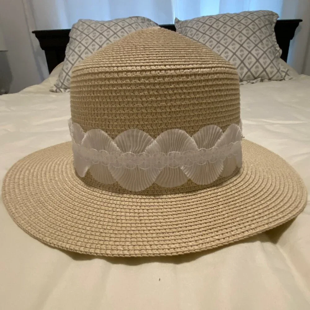 Women's French-Style Wide Brim Summer Sun Hat with French Lace Bow NEW - Picture 2 of 6